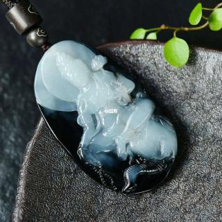 和田玉黑皮籽料普贤菩萨玉坠 青花籽料观音 黑白分明 线条婉转流顺