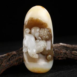 大福报 新疆和田玉籽料貔貅手把件苏工 天然籽玉把玩件糖白玉手玩